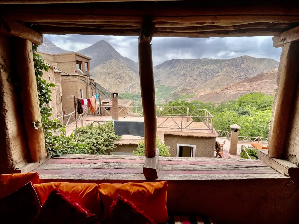The view from Douar Samra to the ravine hikers climb to access Toubkal. 