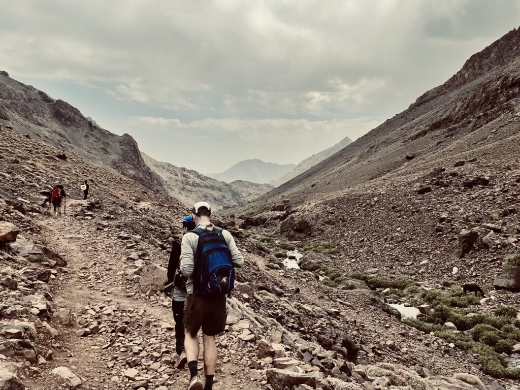 Trekkers descend from the refuge on Mt. Toubkal.