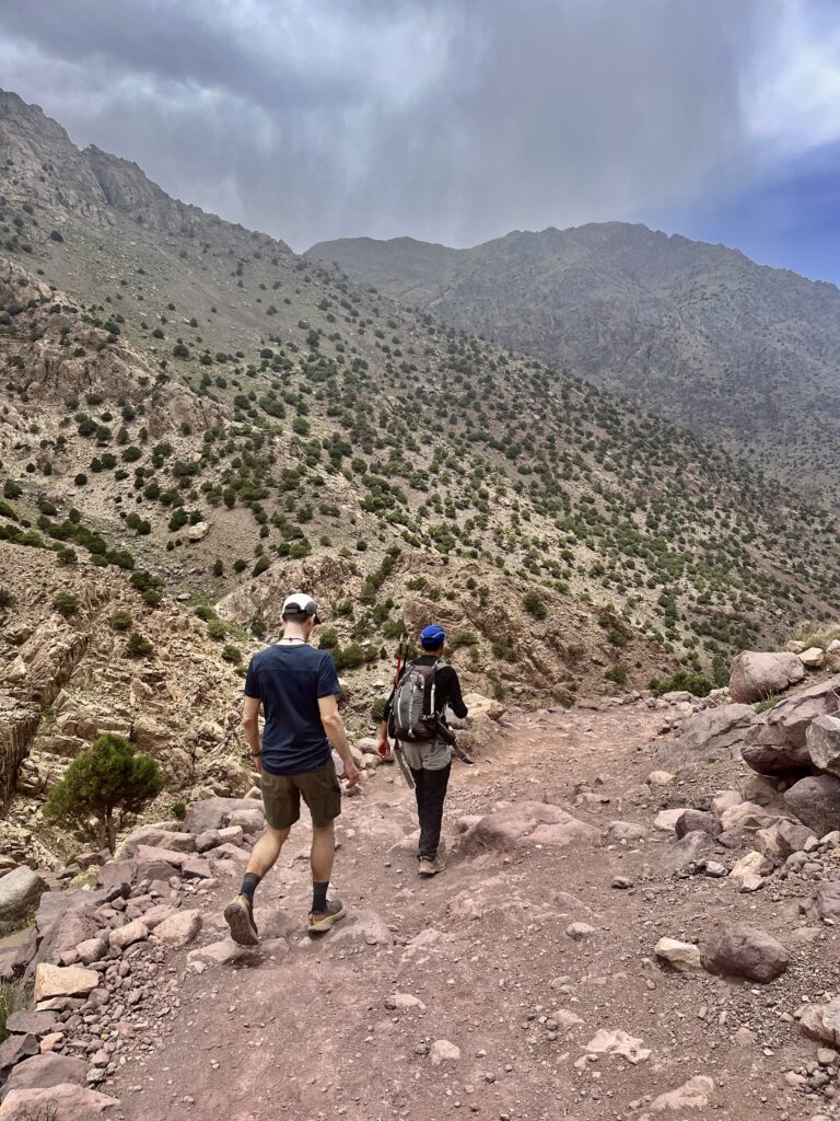 Hikers walk out from Mt. Toubkal in Morocco.