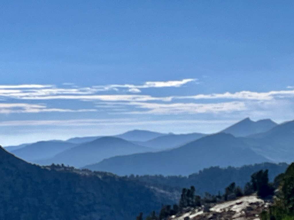 Blue mountains in the distance.